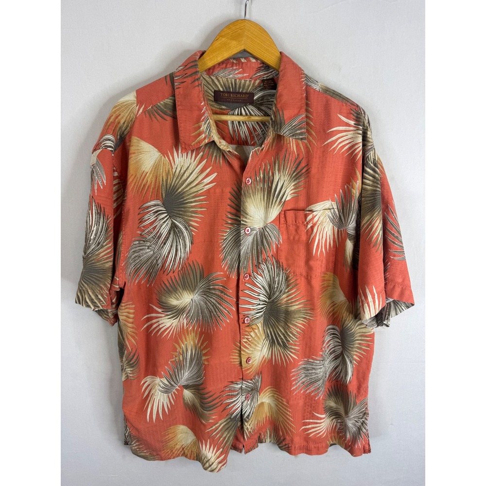 Tori Richard Silk Cotton Palm Print Hawaiian Shirt Orange 2XL Mens Short Sleeve